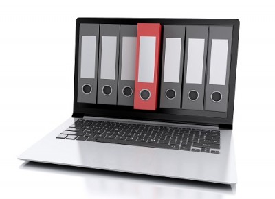 image of 3d Archive concept. Laptop and files on isolated white background